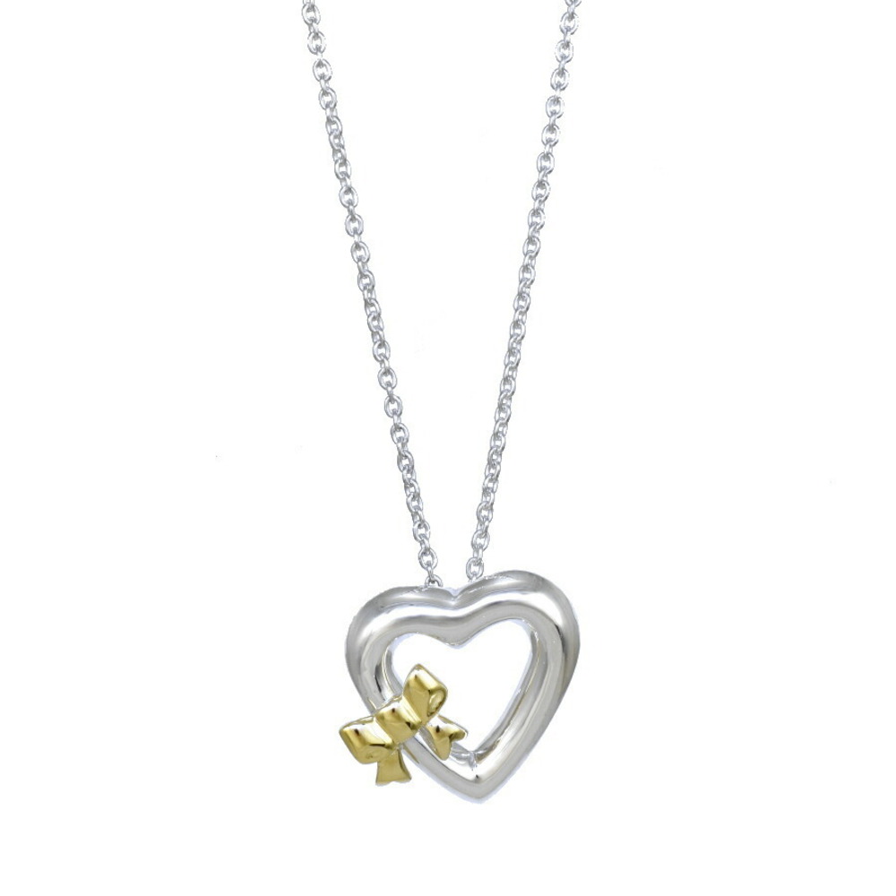 Tiffany Heart Bow Ribbon Pendant Necklace Silver yellow gold CO